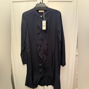 Navy Tory Burch dress with long sleeves and front ruffle, size 12, NWT